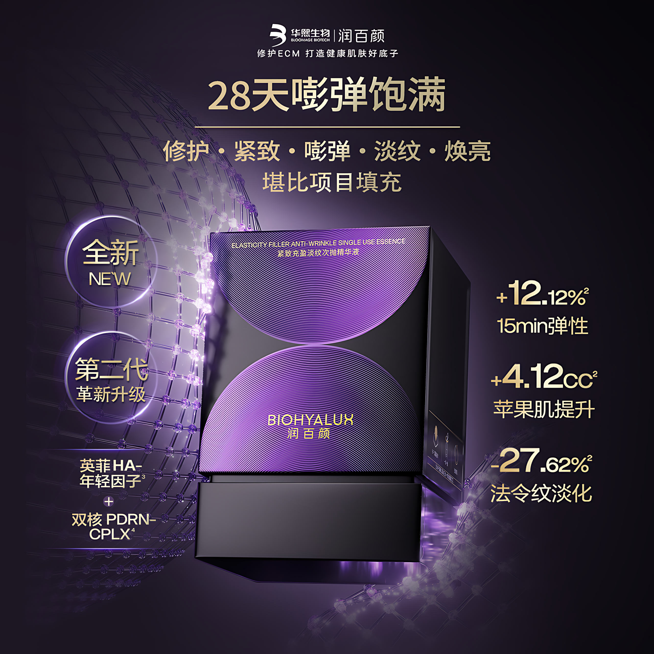 BIOHYALUX Elasticity Filler Anti-Wrinkle Single Use Essence 2.0 1.3ml*30pcs/box 润百颜紧致充盈淡纹次抛精华液2.0