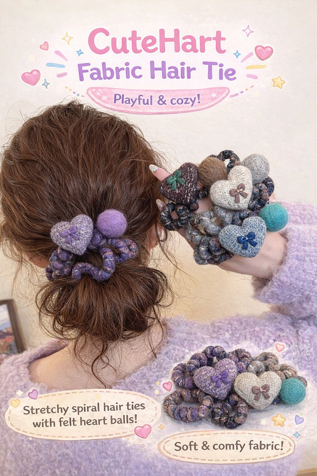 CuteHart Fabric Hair Tie - Spiral Hair Tie with Felt Heart Ball for a Playful and Cozy Look 1pc 爱心毛毡球电话线发圈打造俏皮温馨发型