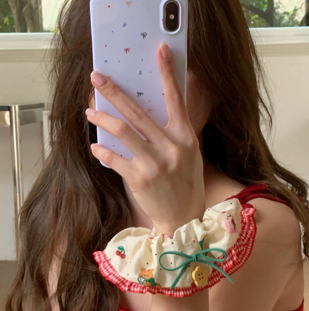 CuteHart Flower Hair Ties - Cute Flower Hair Ties with Cherry Bear and Floral Button Lace Edge for a Sweet Look 2pcs/4pcs 樱桃小熊森系花朵纽扣蕾丝边大肠发圈展现甜美气质