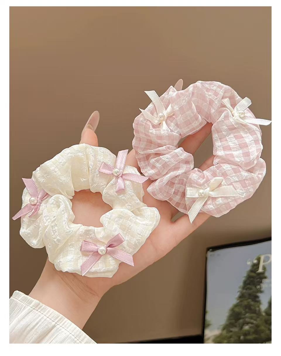 CuteHart Pearl Bow Hair Ties - Elegant Ribbon Bow Scrunchie with Pearl Accents 2pcs 珍珠点缀的优雅缎带蝴蝶结发圈