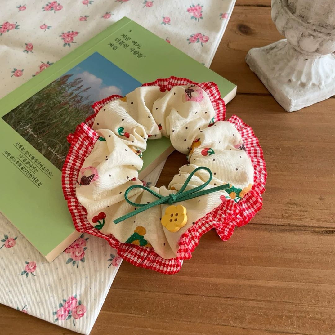 CuteHart Flower Hair Ties - Cute Flower Hair Ties with Cherry Bear and Floral Button Lace Edge for a Sweet Look 2pcs/4pcs 樱桃小熊森系花朵纽扣蕾丝边大肠发圈展现甜美气质