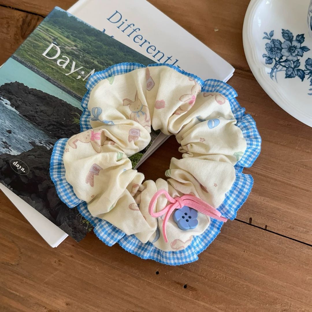 CuteHart Flower Hair Ties - Cute Flower Hair Ties with Cherry Bear and Floral Button Lace Edge for a Sweet Look 2pcs/4pcs 樱桃小熊森系花朵纽扣蕾丝边大肠发圈展现甜美气质