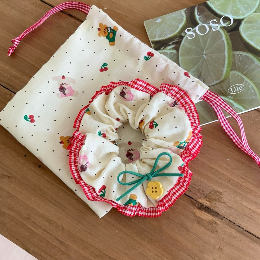 CuteHart Flower Hair Ties - Cute Flower Hair Ties with Cherry Bear and Floral Button Lace Edge for a Sweet Look 2pcs/4pcs 樱桃小熊森系花朵纽扣蕾丝边大肠发圈展现甜美气质
