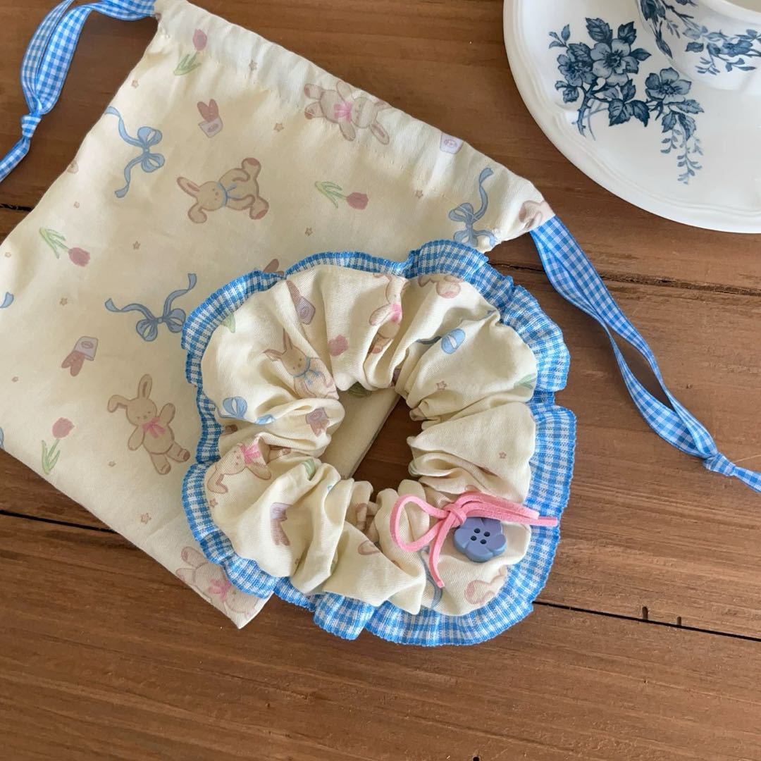 CuteHart Flower Hair Ties - Cute Flower Hair Ties with Cherry Bear and Floral Button Lace Edge for a Sweet Look 2pcs/4pcs 樱桃小熊森系花朵纽扣蕾丝边大肠发圈展现甜美气质