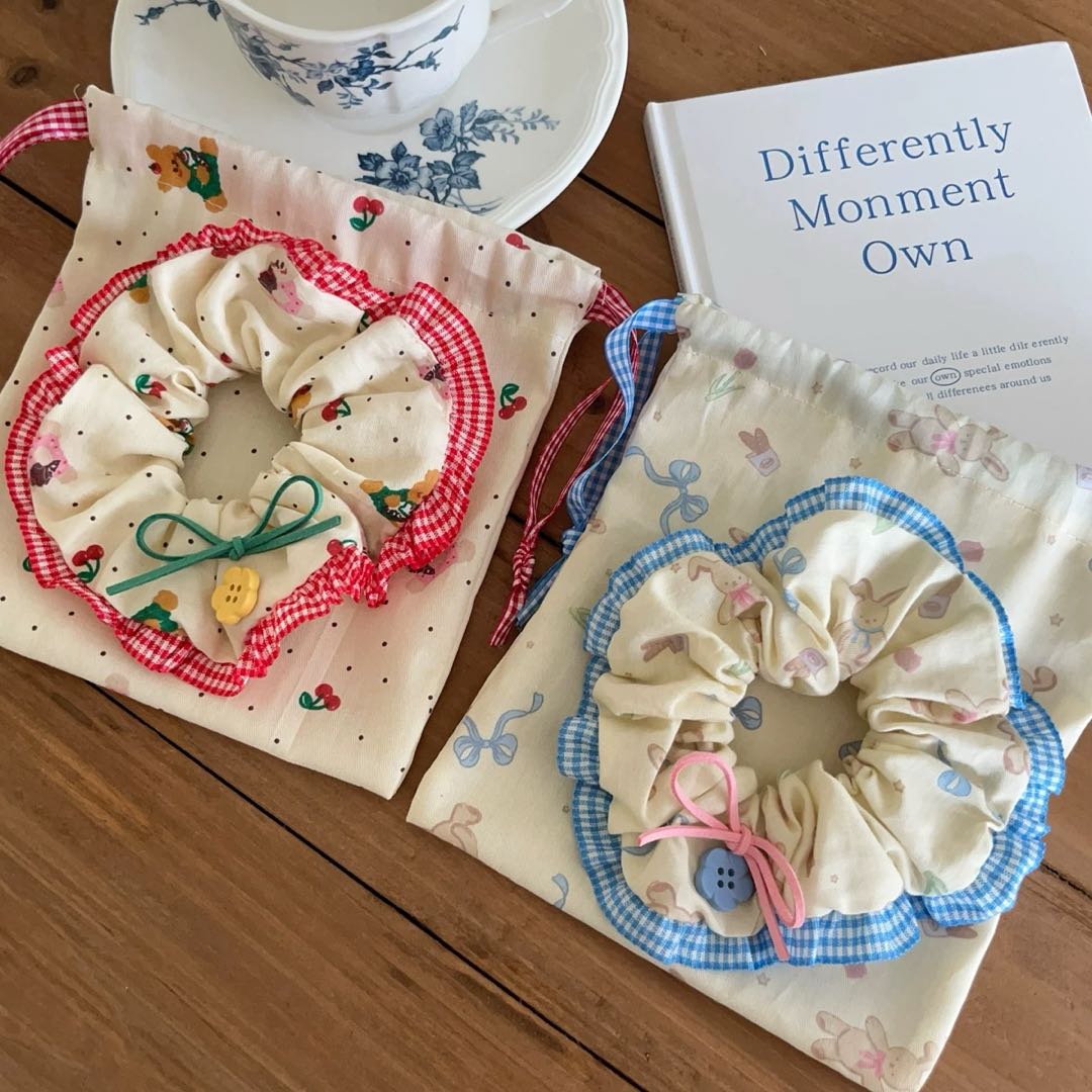 CuteHart Flower Hair Ties - Cute Flower Hair Ties with Cherry Bear and Floral Button Lace Edge for a Sweet Look 2pcs/4pcs 樱桃小熊森系花朵纽扣蕾丝边大肠发圈展现甜美气质
