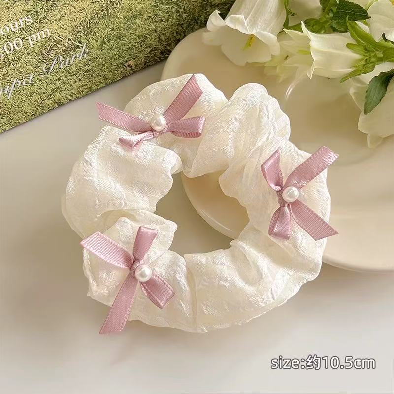 CuteHart Pearl Bow Hair Ties - Elegant Ribbon Bow Scrunchie with Pearl Accents 2pcs 珍珠点缀的优雅缎带蝴蝶结发圈