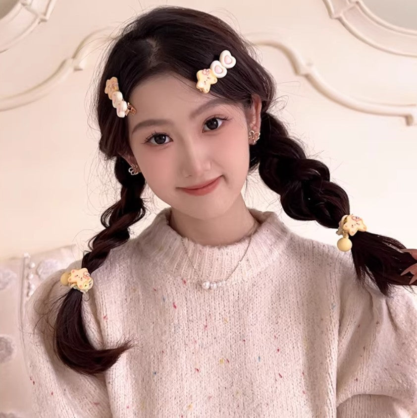 Cutehart Sweet Cute Star Hair Clips & Hair Tie Set - Yellow Star-Shaped Decorated Hair Clip and Hair Tie 4pcs 甜美可爱的黄色星形装饰发夹发圈套组