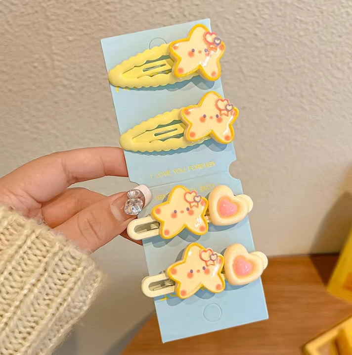 Cutehart Sweet Cute Star Hair Clips & Hair Tie Set - Yellow Star-Shaped Decorated Hair Clip and Hair Tie 4pcs 甜美可爱的黄色星形装饰发夹发圈套组