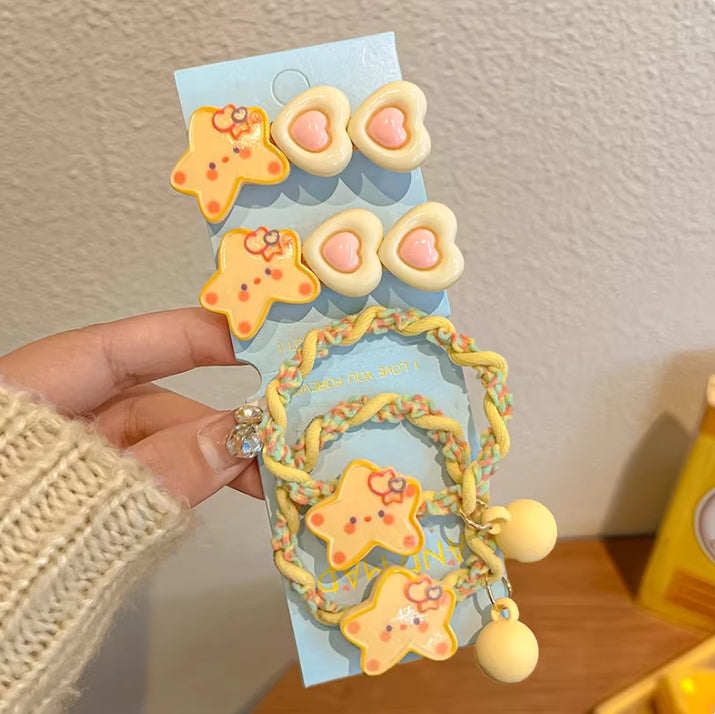 Cutehart Sweet Cute Star Hair Clips & Hair Tie Set - Yellow Star-Shaped Decorated Hair Clip and Hair Tie 4pcs 甜美可爱的黄色星形装饰发夹发圈套组