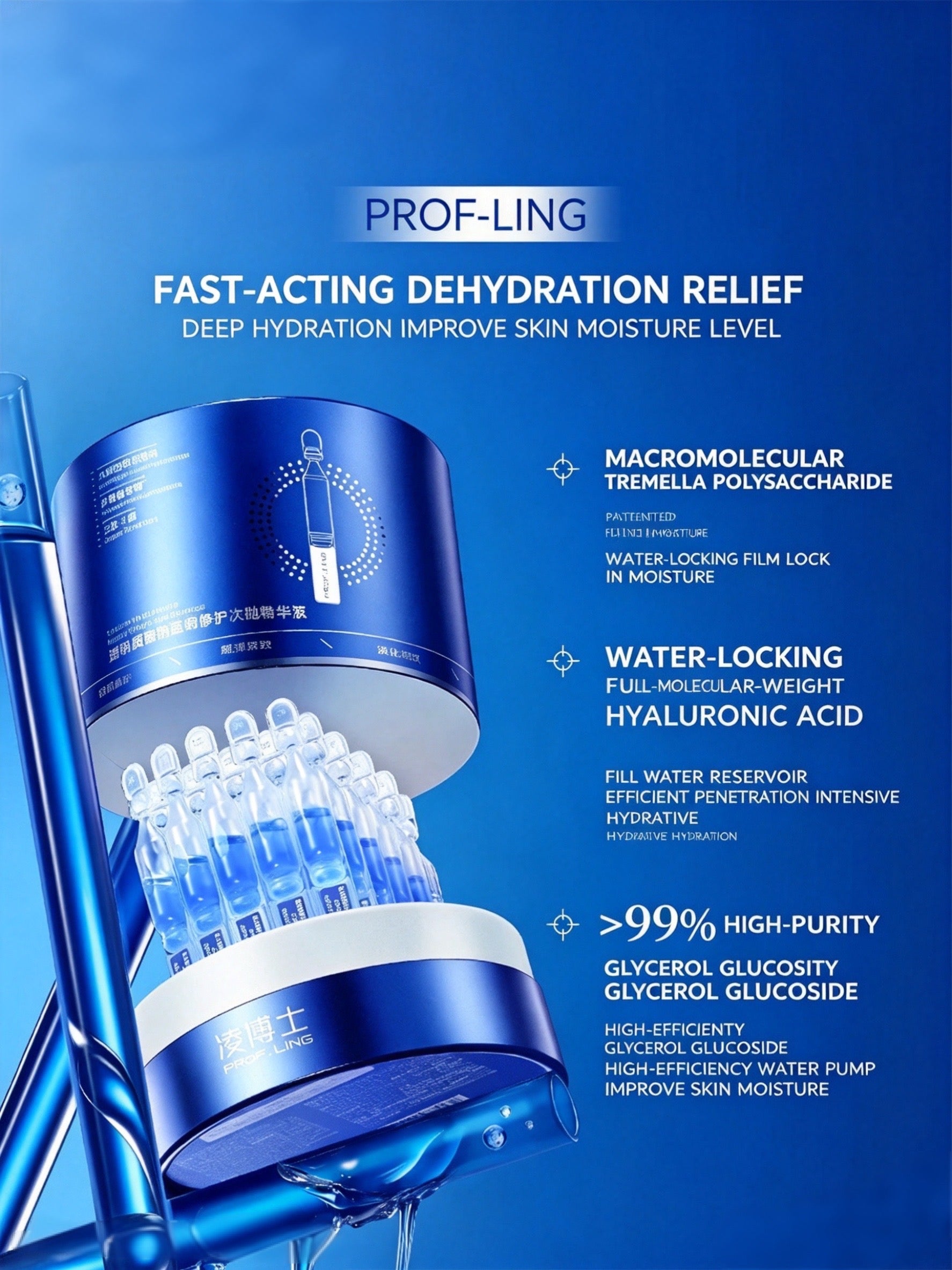PROF.LING Sodium Hyaluronate Repair Single Use Essence 2.0 1.5ml*30pcs/box 凌博士透明质酸钠蓝铜修护次抛精华液2.0