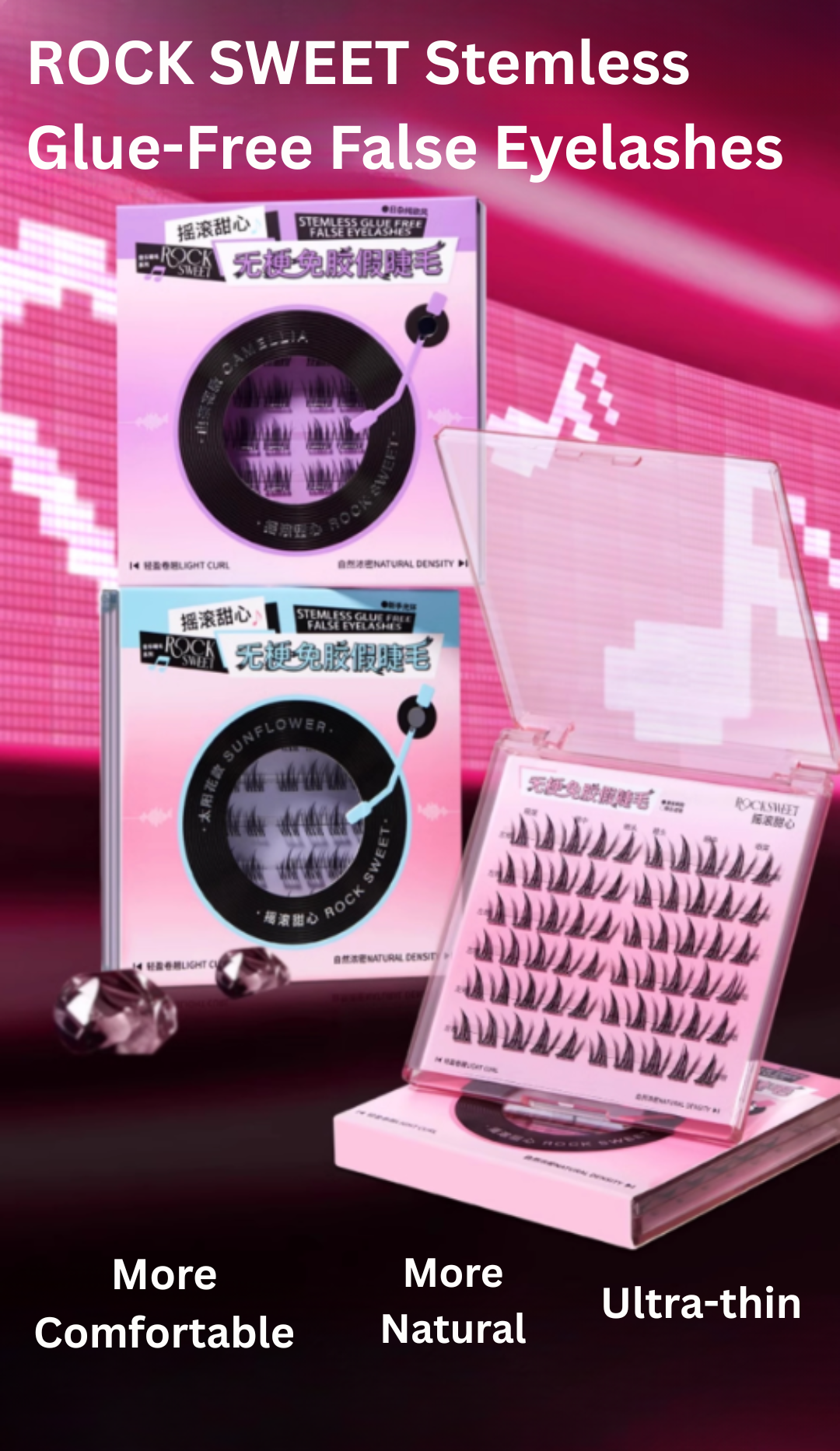 Tiktok/Douyin Hot ROCK SWEET Stemless Glue-Free False Eyelashes 1 Box【Tiktok抖音爆款】摇滚甜心无梗免胶假睫毛